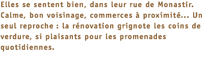 Elles se sentent bien, dans leur rue de Monastir. Calme, bon voisinage, commerces à proximité... Un seul reproche : la rénovation grignote les coins de verdure, si plaisants pour les promenades quotidiennes. 